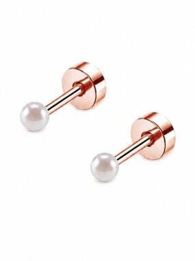 Rose Gold Pearl Flat Back Stud Earrings 20G 3mm Pearl Cartilage Tragus